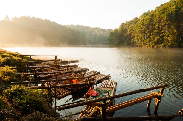 Bamboo raft on Pang Ung reservoir lake