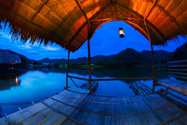 Bamboo huts, the resort countryside at Khao Wong reservoir, Suphanburi, Thailand