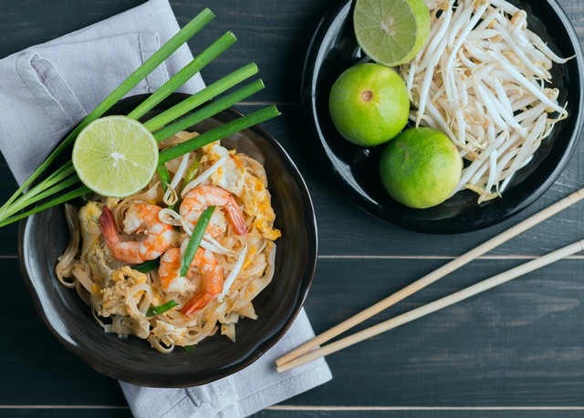 Thai Fried Noodles 'Pad Thai' with shrimp and vegetables. Thailand's national dishes