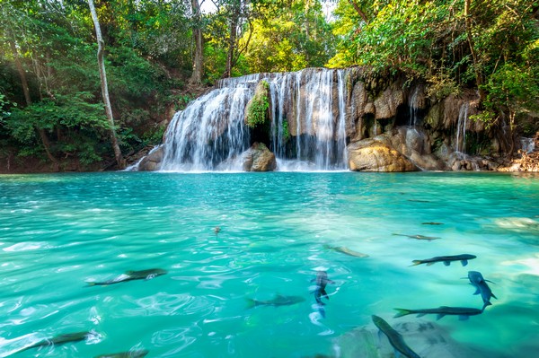 Beautiful-waterfall-with-emerald-pool-in-nature